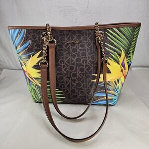Calvin Klein Monogram Tropical Floral Print Tote Bag Chain Strap Brown Gold NWOT